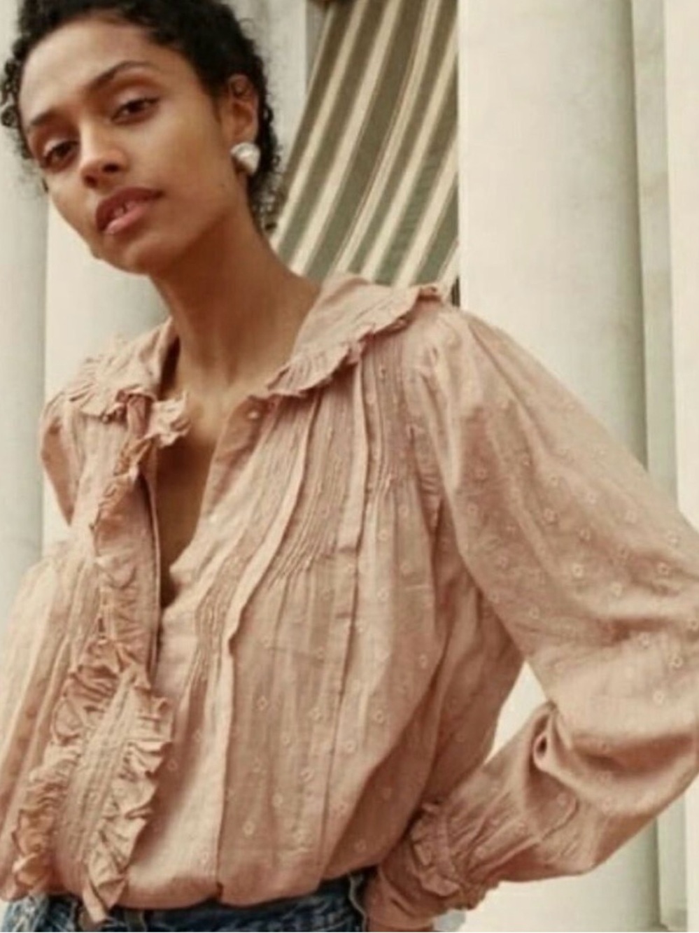 DÔEN Dilly Toffee Ruffle Trim Cotton Blouse Medium Romantic Boho